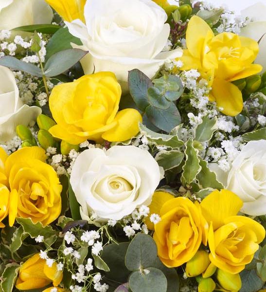 Rose and Freesia Posy Yellow and White Funeral Flowers